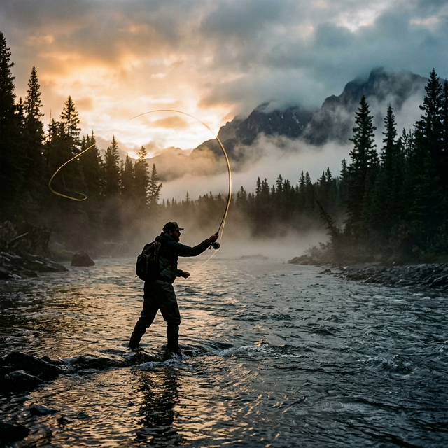 Fly fisherman casting at golden hour on a misty river