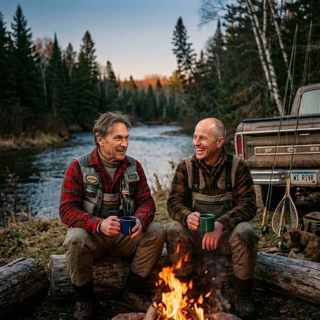 Patrick and George, hosts of The False Cast Podcast, by a riverbank campfire